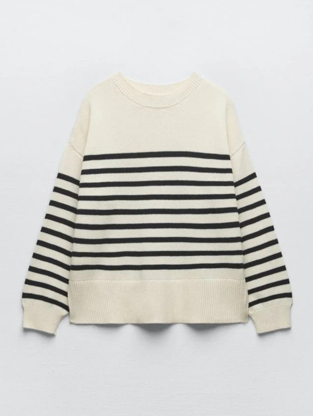 Zara Cream and Black Striped Crew Sweater